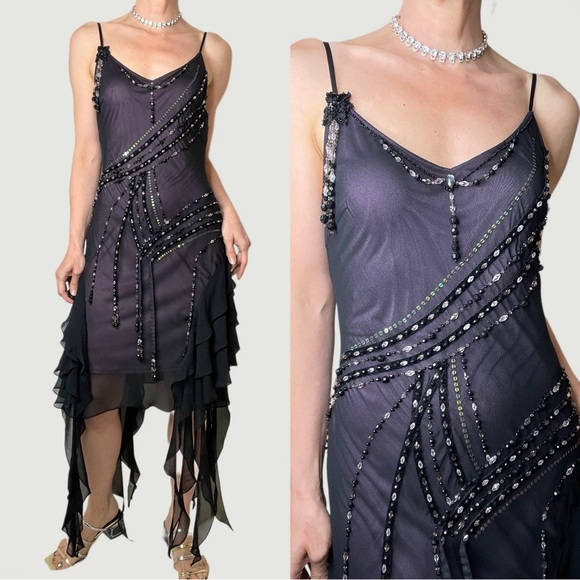 Sue Wong beaded fairy prom dress midi purple black cocktail...
